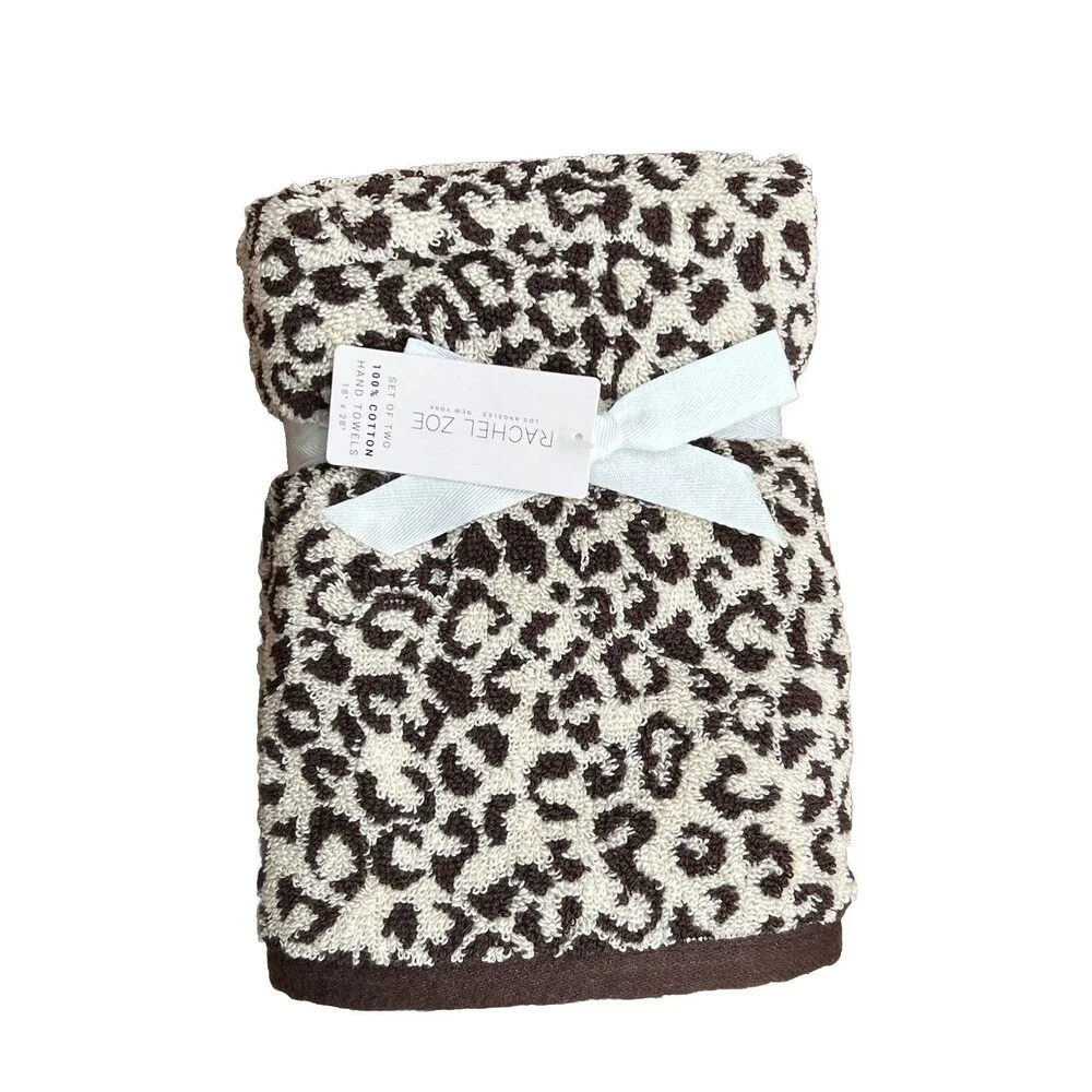 Rachel Zoe Leopard Hand Towels Cheetah Animal Print Tan Brown 100% Cotton 2 Pc